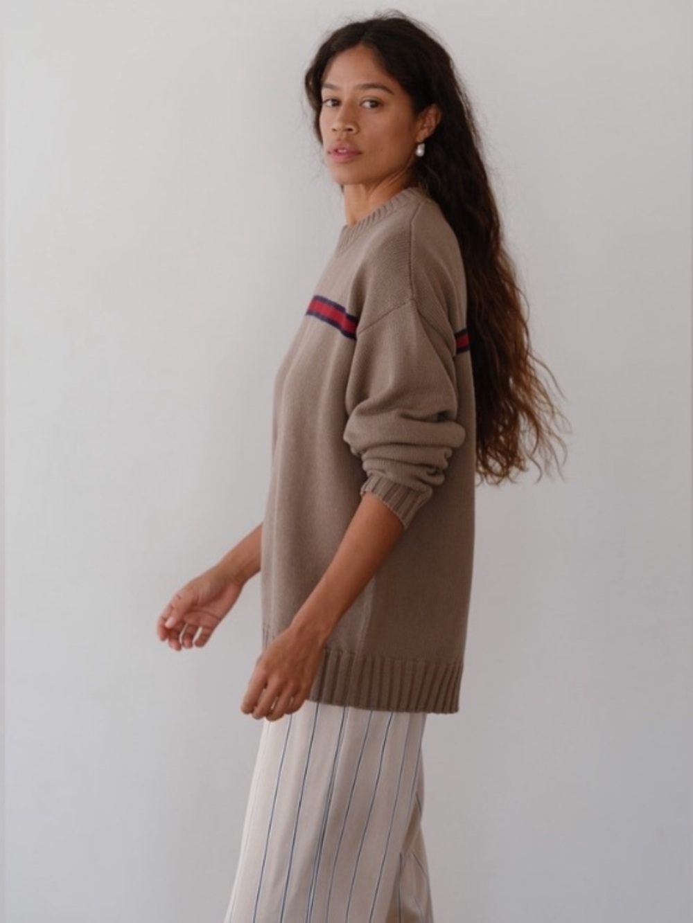 Donni The Cotton Cashmere Stripe Oversized Knit Sweater 90s Tan Brown Red - Picture 3 of 13